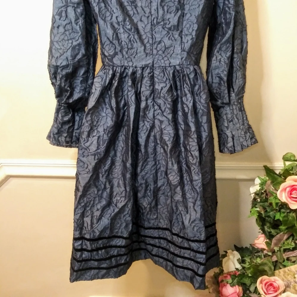 Muse Couture Navy Gothic Style, Rose Patterned Organza Brocade & Velvet Dress - Picture 9 of 13